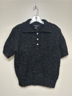 Rachel Zoe Black Short-Sleeve Textured Crewneck Sweater Size-Small